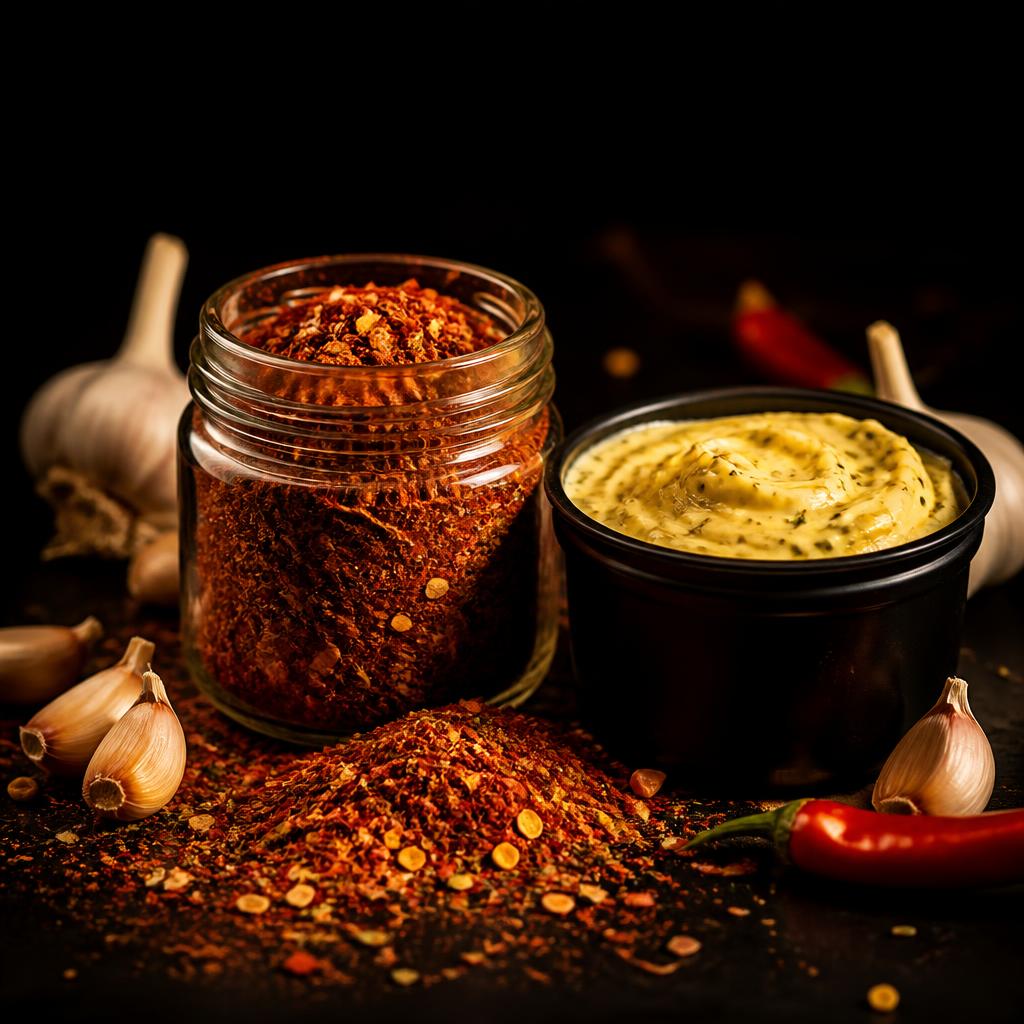 Jar of Big Mamaa grilled crab seasoning beside a tub of garlic butter