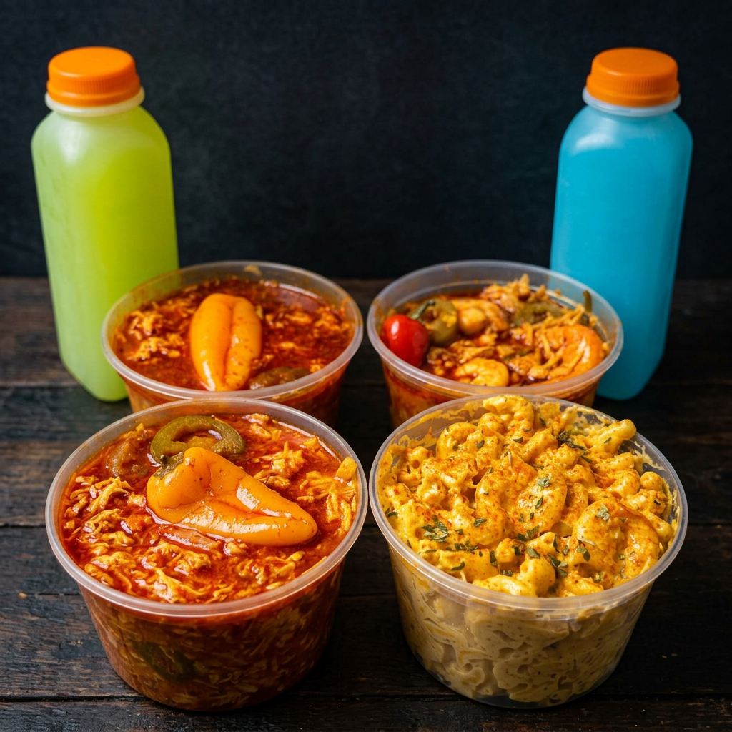 Spicy seafood bowls and creamy seafood pasta salad with bottled drinks