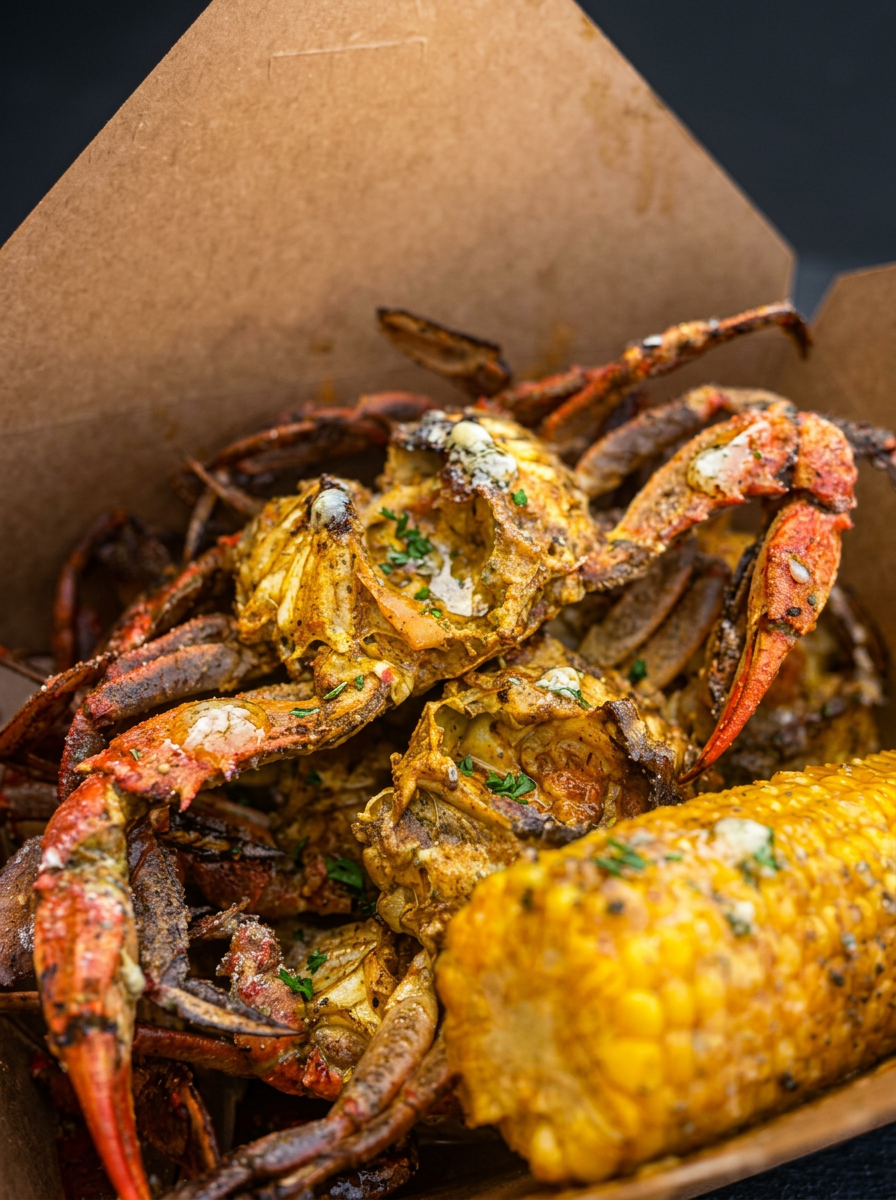 Grilled garlic butter crab legs in a tray