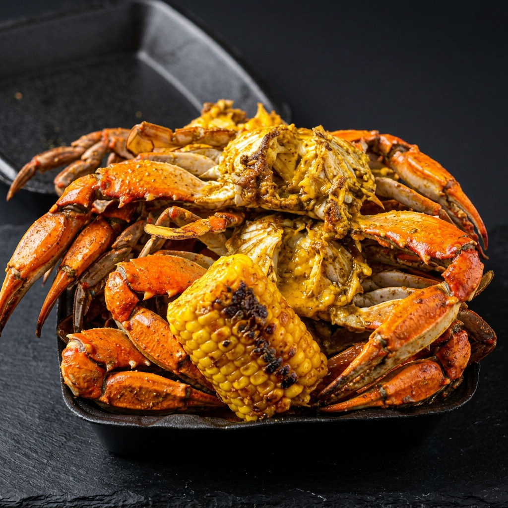 Tray piled with whole seasoned crabs and grilled corn