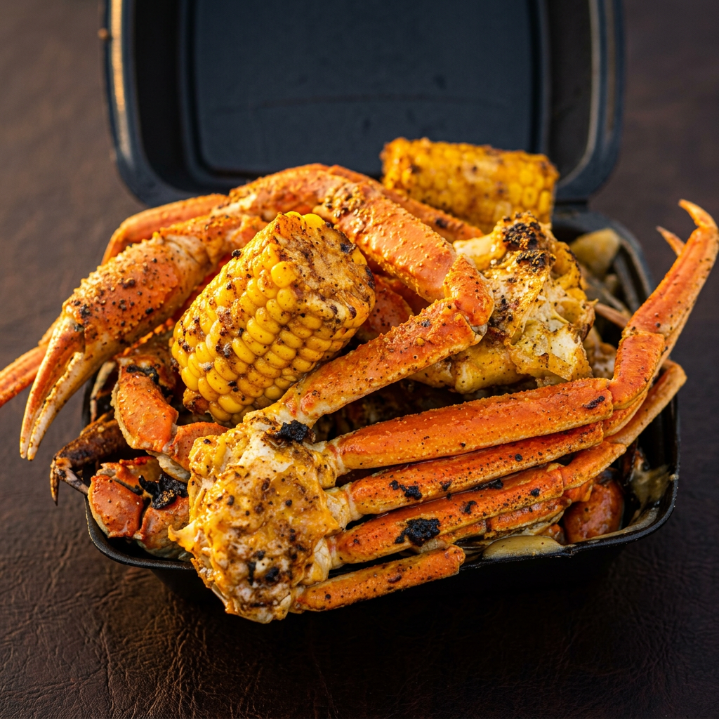 Seasoned snow crab clusters and grilled corn in a takeout tray