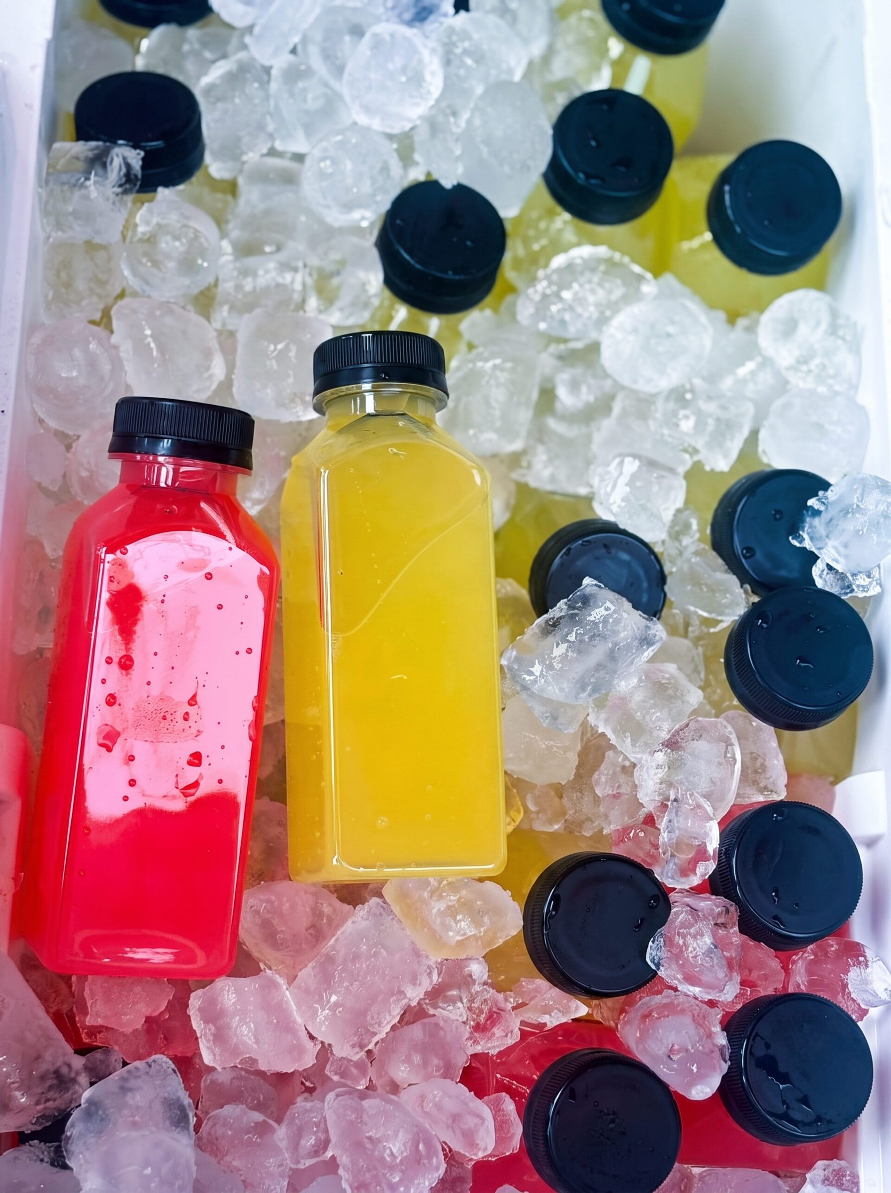 Bottles of red and yellow Big Mama Punch chilling on ice