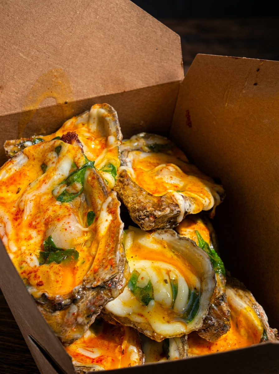 Cheesy baked oysters with spinach in a kraft takeout box