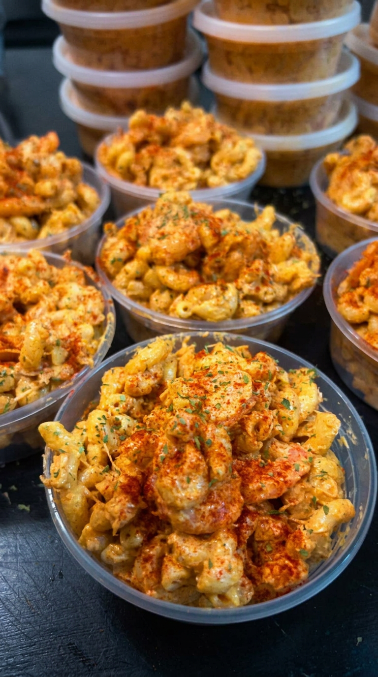 Bowls of creamy seafood pasta salad dusted with red seasoning