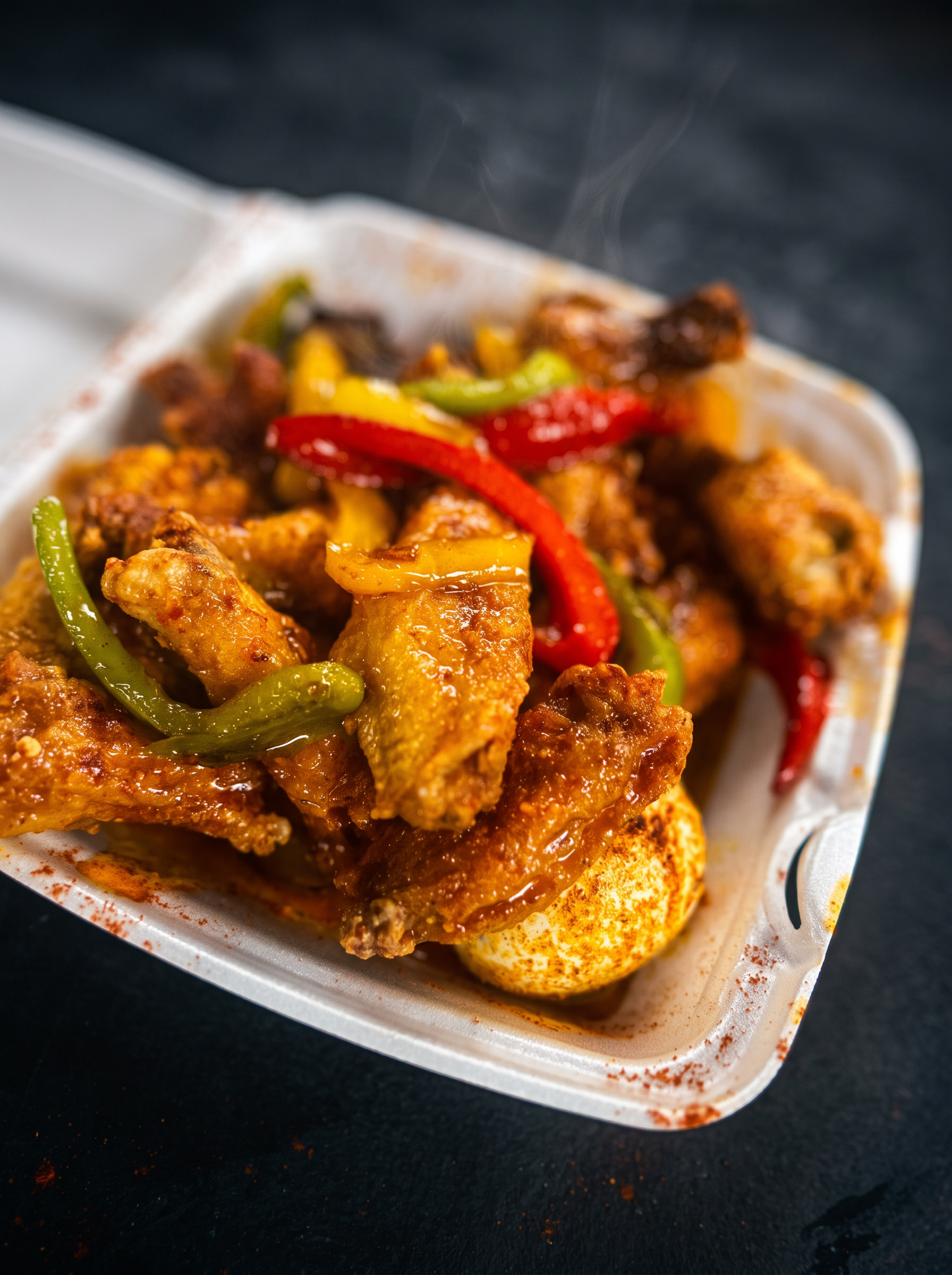 Saucy wings with red and green peppers in a takeout tray