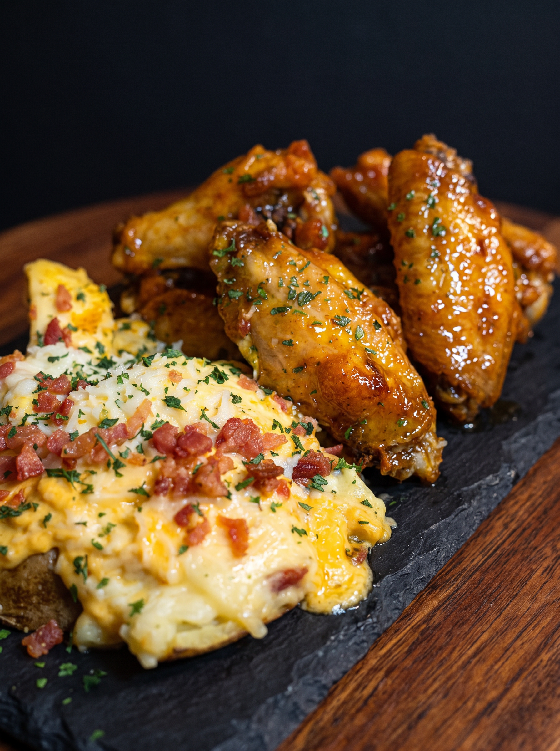 Glazed wings served with a loaded cheesy baked potato